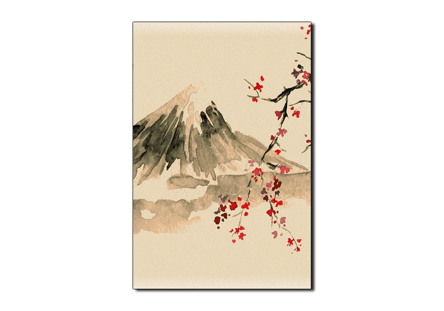 Obraz na plátně - Tradiční sumi-e obraz: sakura, slunce a hory - obdélník Obraz na plátně - Tradiční sumi-e obraz: sakura, slunce a hory - obdélník